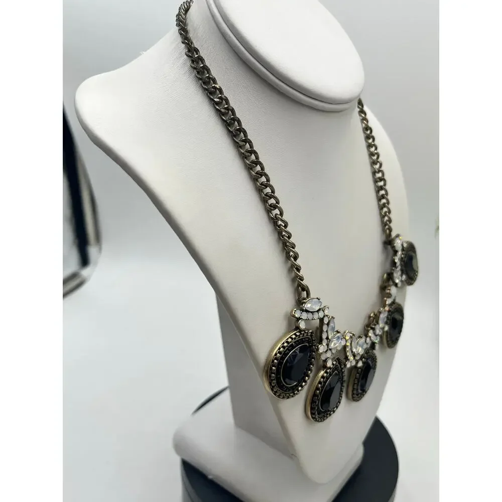 J. Crew Black‎ Rhinestone Teardrop Bead Gold Tone Chain Opalescent Necklace
